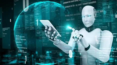 Futuristic robot artificial intelligence huminoid AI programming coding Illustrazione stock