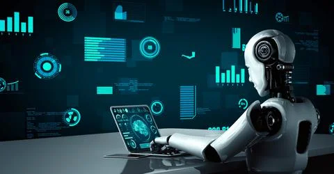Futuristic robot artificial intelligence huminoid AI for industrial factory Stock Illustration