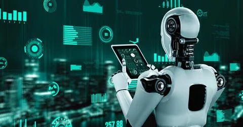 Futuristic robot artificial intelligence huminoid AI for industrial factory 스톡 일러스트