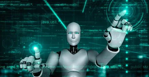 Futuristic robot artificial intelligence huminoid AI programming coding Illustrazione stock