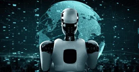 Futuristic robot artificial intelligence huminoid AI data analytic technology イラスト素材