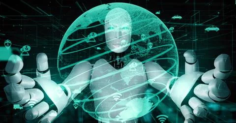 Futuristic robot artificial intelligence huminoid AI transportation analytic Illustrazione stock