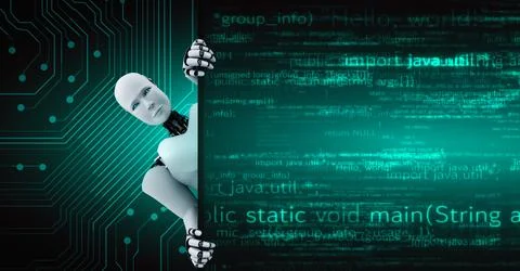 Futuristic robot artificial intelligence huminoid AI programming coding Illustrazione stock