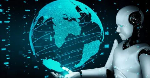 Futuristic robot artificial intelligence huminoid AI data analytic technology イラスト素材