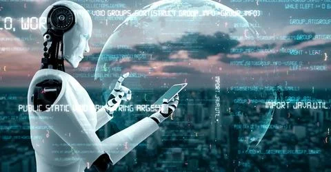 Futuristic robot artificial intelligence huminoid AI programming coding Stock Illustration