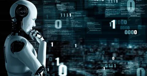 Futuristic robot artificial intelligence huminoid AI programming coding Stock Illustration