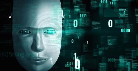 Futuristic robot artificial intelligence huminoid AI programming coding Stock Illustration