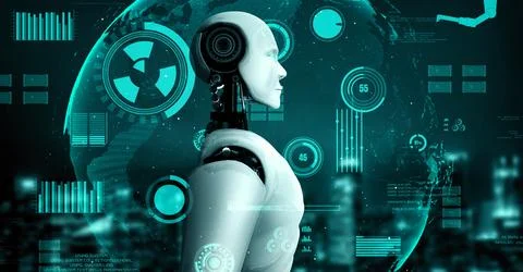 Futuristic robot artificial intelligence huminoid AI for industrial factory Stock Illustration