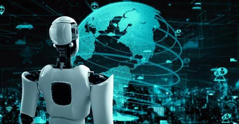 Futuristic robot artificial intelligence huminoid AI transportation analytic Stock Illustration