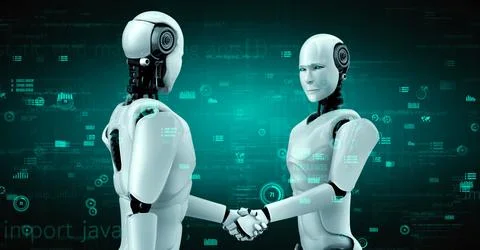 Futuristic robot artificial intelligence huminoid AI programming coding Stock-Illustration