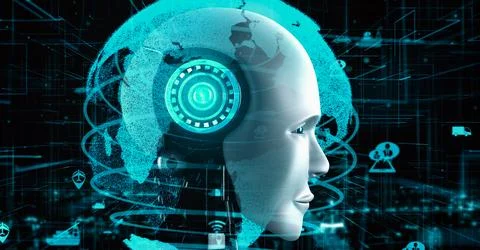 Futuristic robot artificial intelligence huminoid AI transportation analytic Stock Illustration