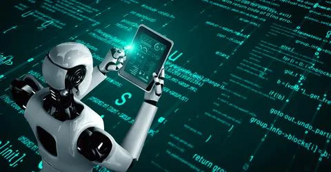 Futuristic robot artificial intelligence huminoid AI programming coding Illustrazione stock