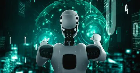 Futuristic robot artificial intelligence huminoid AI programming coding Illustrazione stock