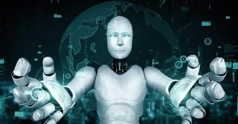 Futuristic robot artificial intelligence huminoid AI programming coding Illustrazione stock