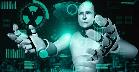 Futuristic robot artificial intelligence huminoid AI for industrial factory Stock Illustration