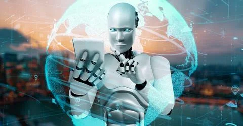 Futuristic robot artificial intelligence huminoid AI transportation analytic Illustrazione stock