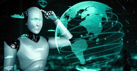 Futuristic robot artificial intelligence huminoid AI transportation analytic Illustrazione stock