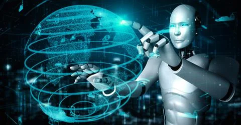 Futuristic robot artificial intelligence huminoid AI transportation analytic Illustrazione stock