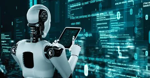 Futuristic robot artificial intelligence huminoid AI programming coding Illustrazione stock