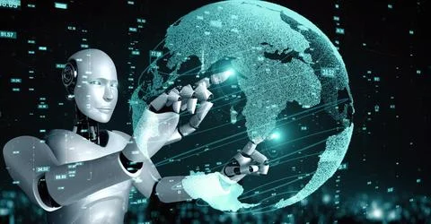 Futuristic robot artificial intelligence huminoid AI data analytic technology イラスト素材