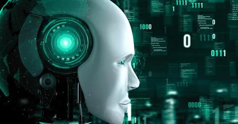 Futuristic robot artificial intelligence huminoid AI programming coding Stock-Illustration