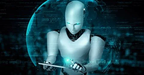 Futuristic robot artificial intelligence huminoid AI programming coding Stock Illustration