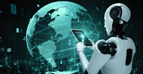 Futuristic robot artificial intelligence huminoid AI for industrial factory Stock Illustration