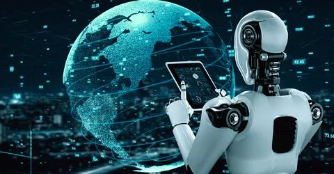 Futuristic robot artificial intelligence huminoid AI data analytic technology Stock Illustration