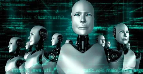 Futuristic robot artificial intelligence huminoid AI programming coding Stock Illustration