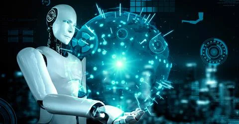 Futuristic robot artificial intelligence huminoid AI for industrial factory Stock Illustration