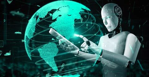 Futuristic robot artificial intelligence huminoid AI transportation analytic Stock Illustration