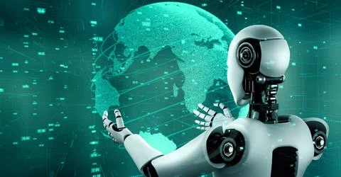 Futuristic robot artificial intelligence huminoid AI data analytic technology Stock Illustration