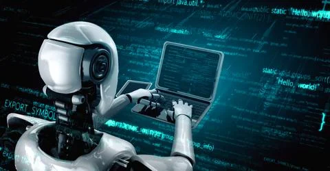 Futuristic robot artificial intelligence huminoid AI programming coding Stock-Illustration