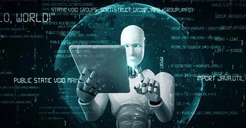 Futuristic robot artificial intelligence huminoid AI programming coding Illustrazione stock