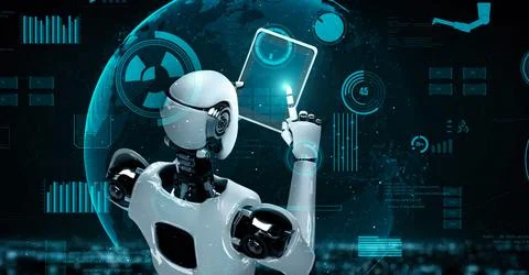 Futuristic robot artificial intelligence huminoid AI for industrial factory Stock Illustration