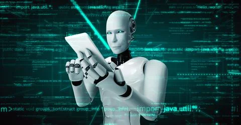 Futuristic robot artificial intelligence huminoid AI programming coding Stock Illustration