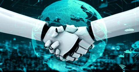 Futuristic robot artificial intelligence huminoid AI for industrial factory Stock Illustration