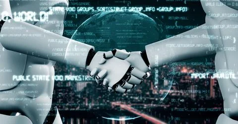 Futuristic robot artificial intelligence huminoid AI programming coding Stock-Illustration