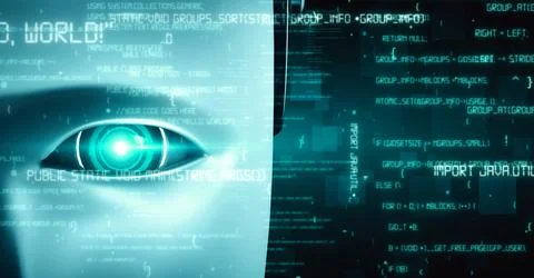 Futuristic robot artificial intelligence huminoid AI programming coding Stock Illustration