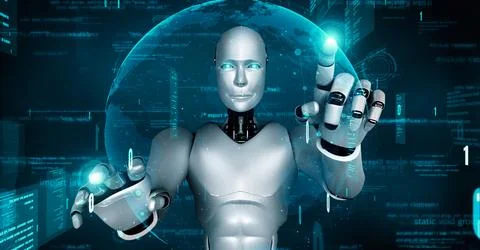 Futuristic robot artificial intelligence huminoid AI programming coding Stock Illustration