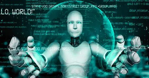 Futuristic robot artificial intelligence huminoid AI programming coding Stock-Illustration