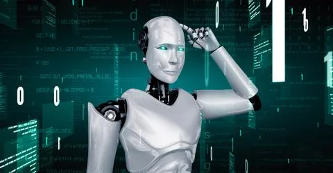 Futuristic robot artificial intelligence huminoid AI programming coding Stock Illustration