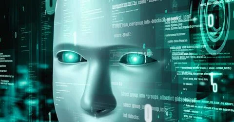 Futuristic robot artificial intelligence huminoid AI programming coding Stock Illustration