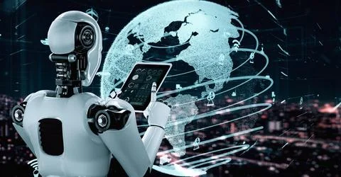 Futuristic robot artificial intelligence huminoid AI transportation analytic Illustrazione stock