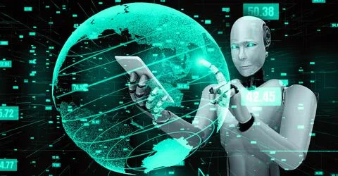 Futuristic robot artificial intelligence huminoid AI data analytic technology Stock Illustration