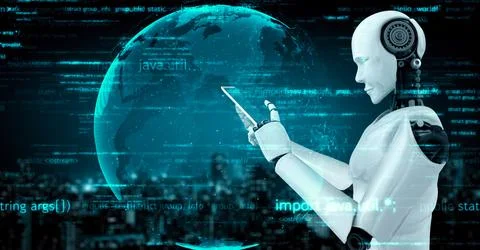 Futuristic robot artificial intelligence huminoid AI programming coding Illustrazione stock