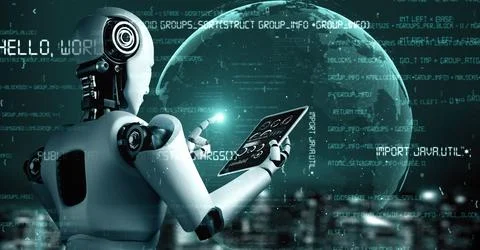 Futuristic robot artificial intelligence huminoid AI programming coding Stock Illustration