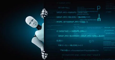 Futuristic robot artificial intelligence huminoid AI programming coding Stock Illustration