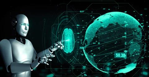 Futuristic robot artificial intelligence huminoid AI data analytic technology Stock Illustration