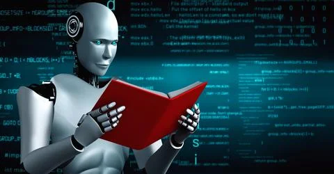 Futuristic robot artificial intelligence huminoid AI programming coding Stock Illustration